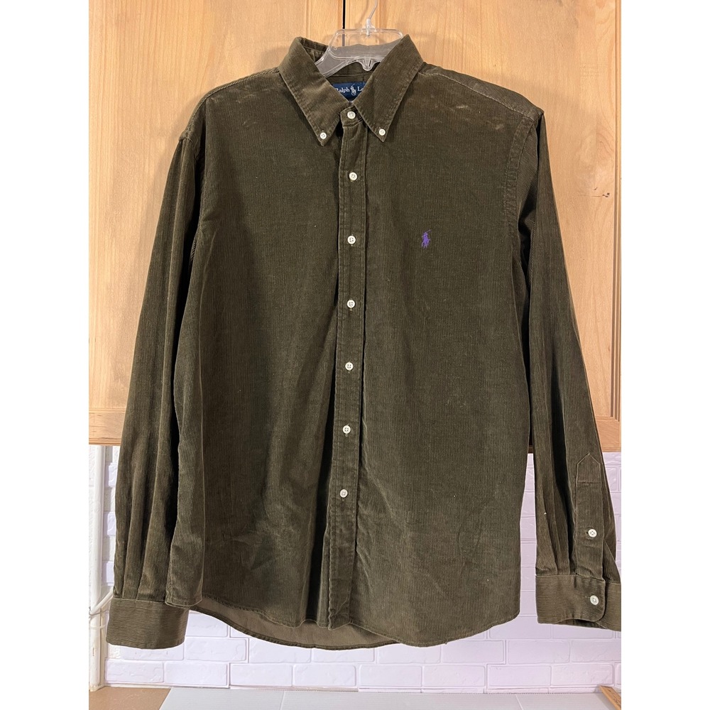 Ralph Lauren Corduroy Button Down Mens XXL Olive Green Custom Fit Shirt